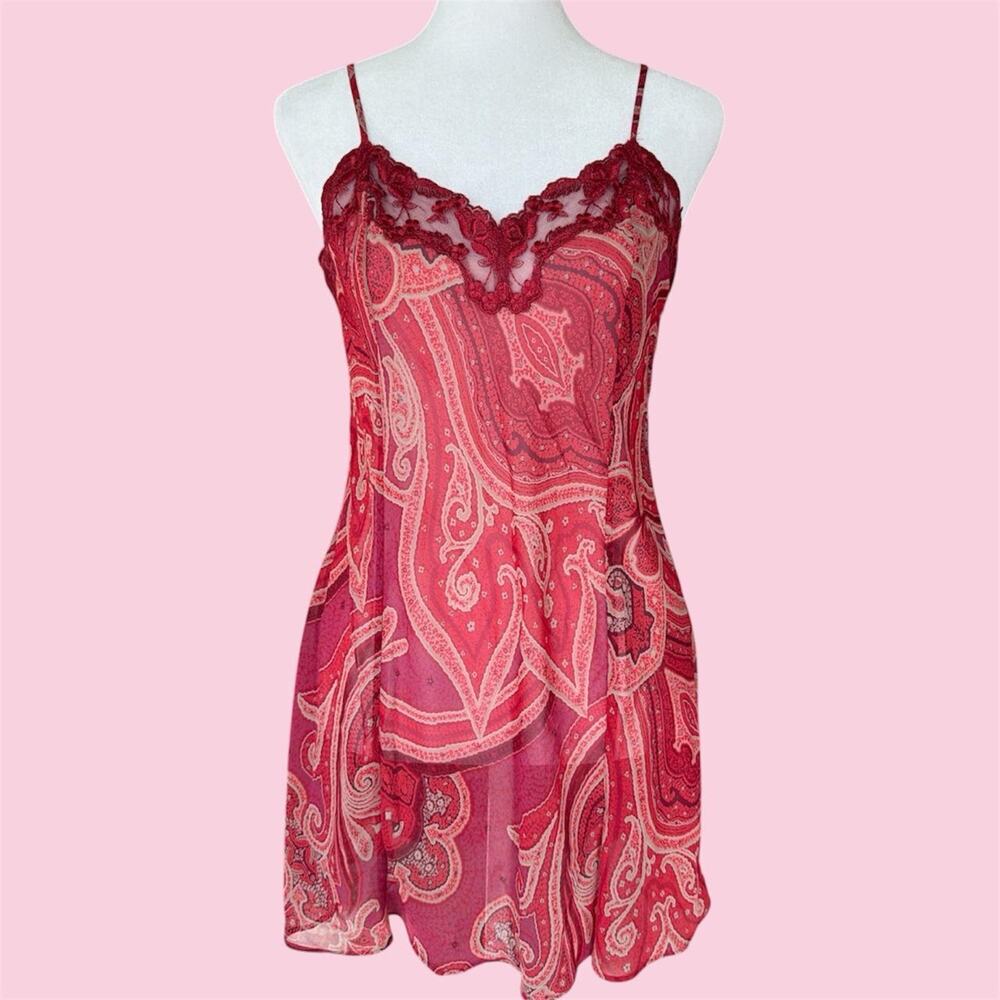 Vintage 2000 Victoria's Secret red & pink sheer paisley lace slip dress